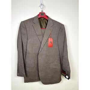 MAZARI Men's Taupe 3PC Modern Fit Gingham Check Paris Vested Suit 50R Pants 44 W